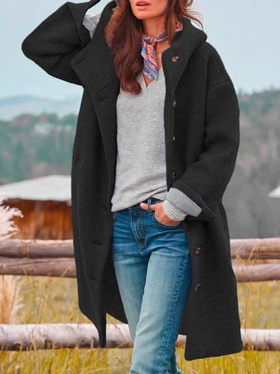 Women's Hooded Winter Coat | Longline Fleece With Buttons