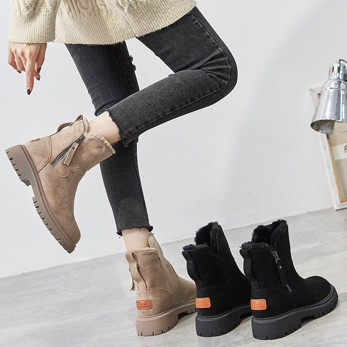 Women's Winter Ankle Boots | Fleece-Lined Faux Suede Slip-On