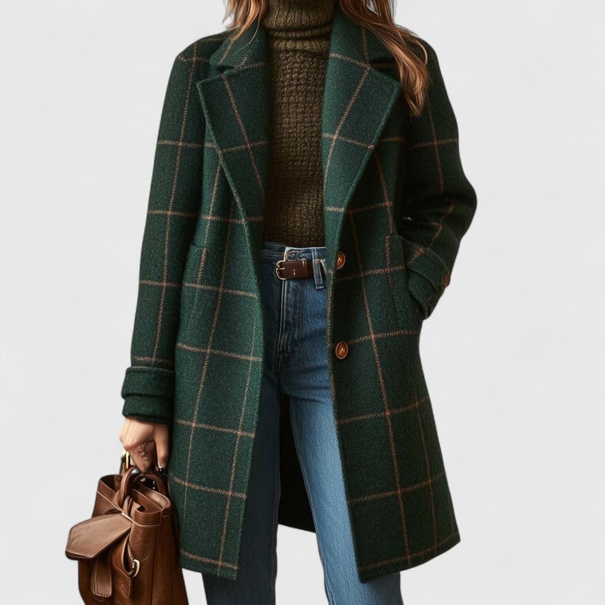 Women's Checked Wool Coat | Green Tailored Winter Coat