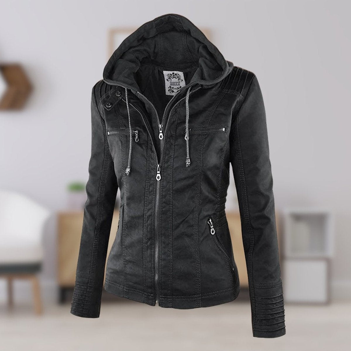 Women's Faux Leather Jacket | Hooded Biker Style With Zip
