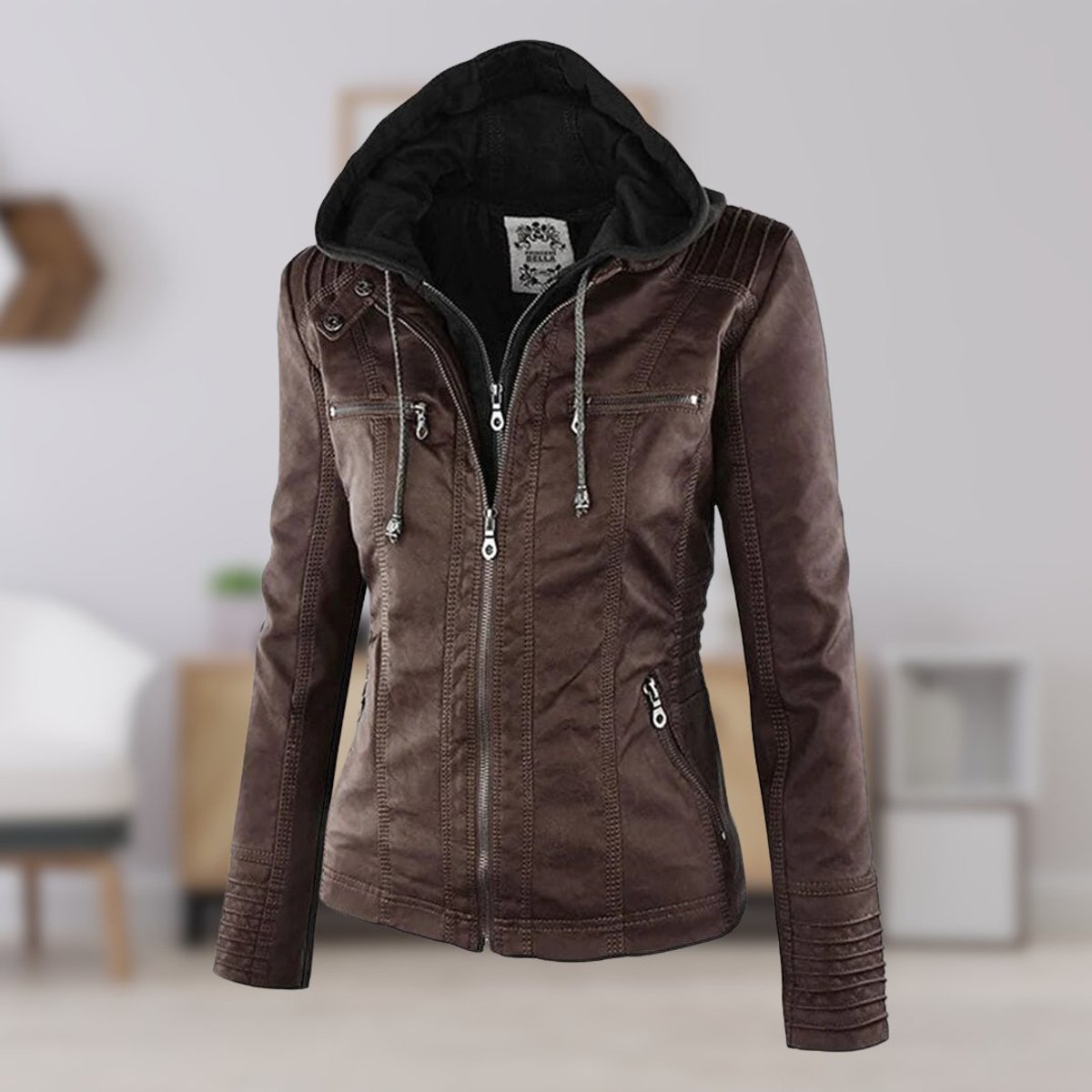 Women's Faux Leather Jacket | Hooded Biker Style With Zip