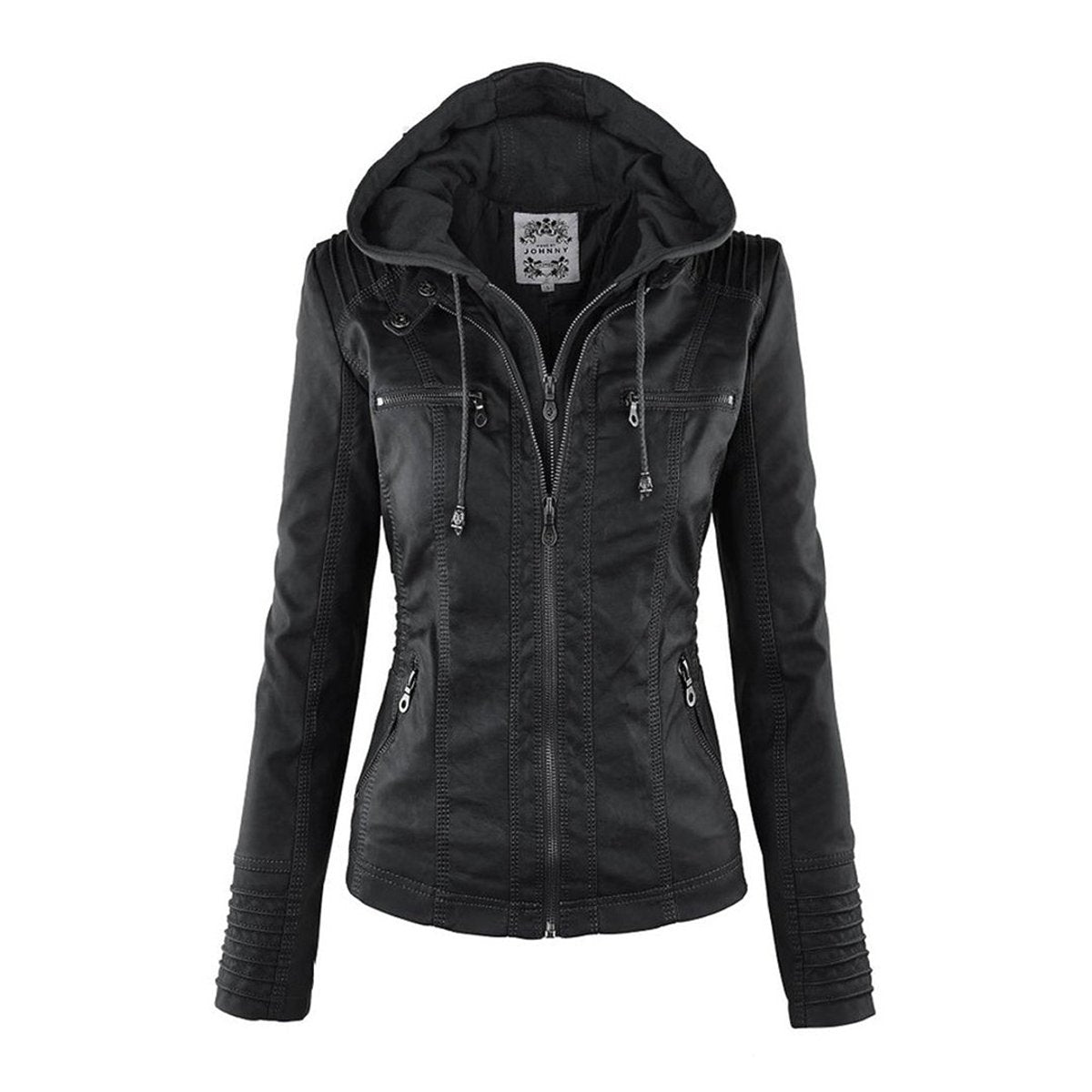 Women's Faux Leather Jacket | Hooded Biker Style With Zip