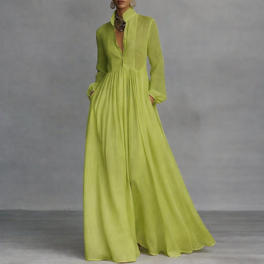 Women's Long Sleeve Maxi Dress | Stand Collar Shirt Dress