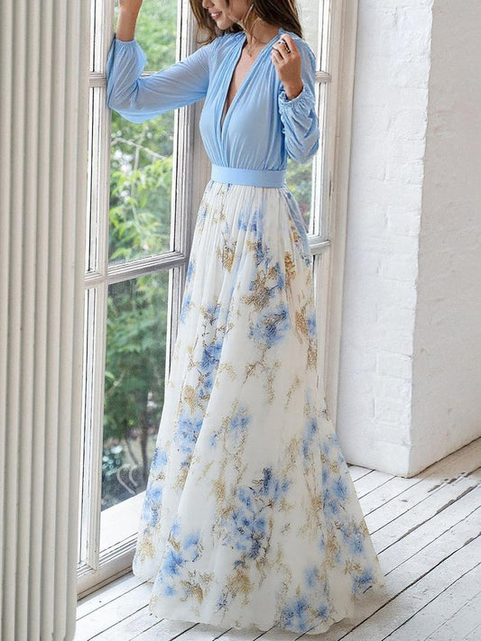 Women's Blue Long Sleeve Maxi Dress | Floral Chiffon V-Neck
