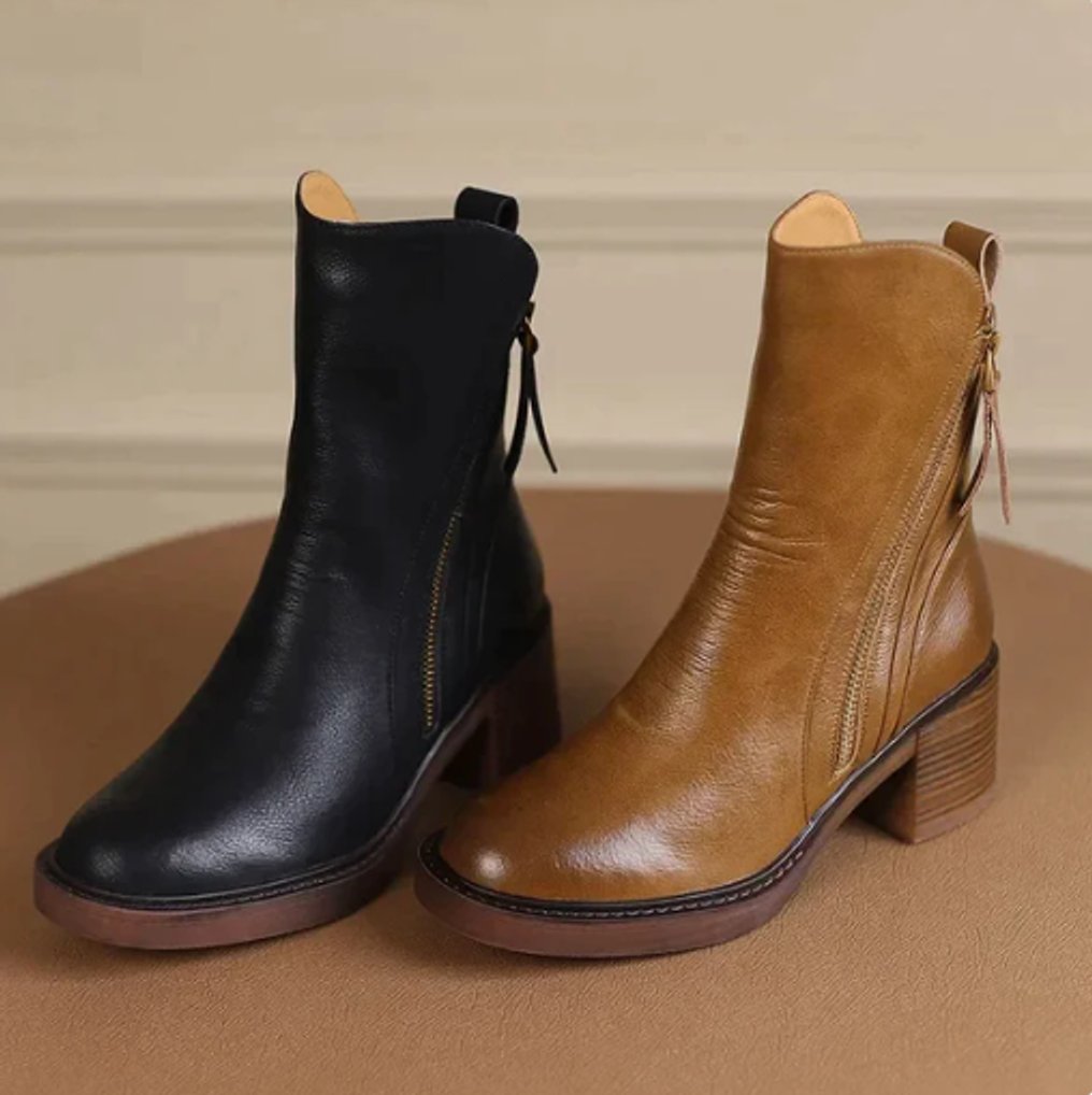 Women's Leather Ankle Boots | Block Heel & Side Zip