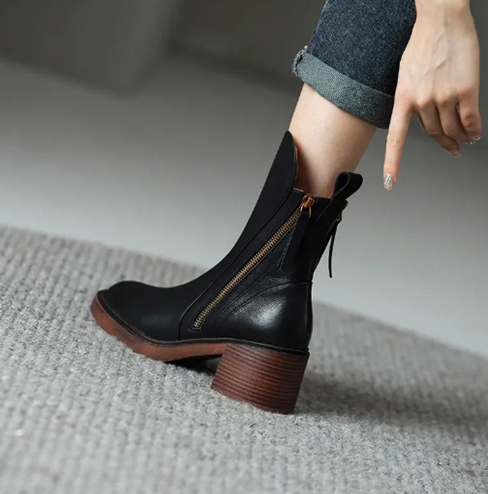 Women's Leather Ankle Boots | Block Heel & Side Zip