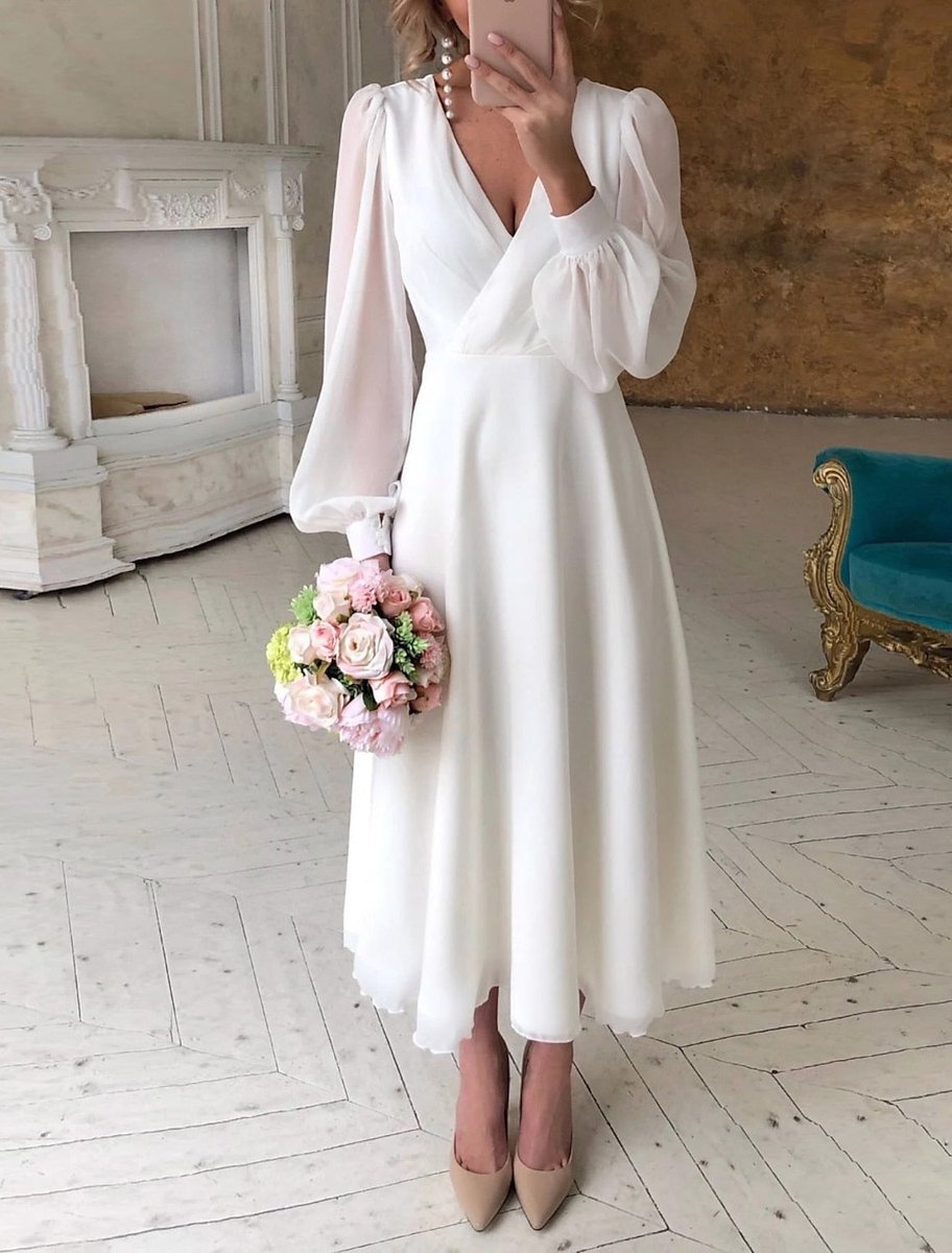 Women's White Long Sleeve Midi Dress | V-Neck Puff Sleeves