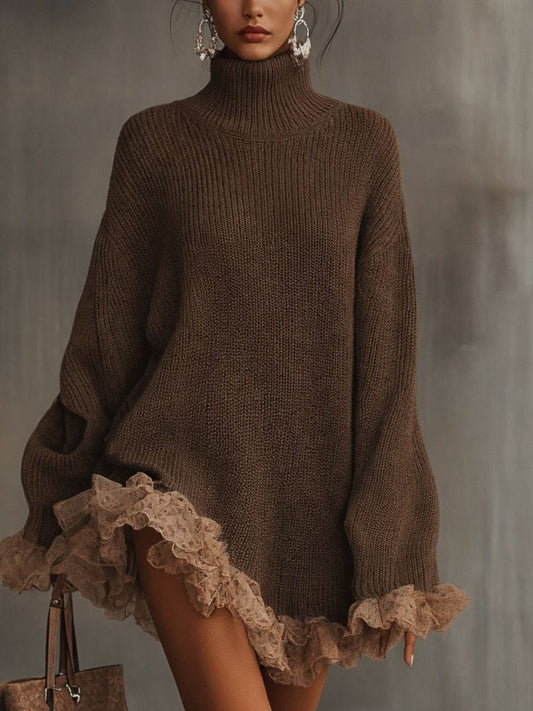 Women's Brown Roll Neck Jumper Dress | Chunky Knit With Lace