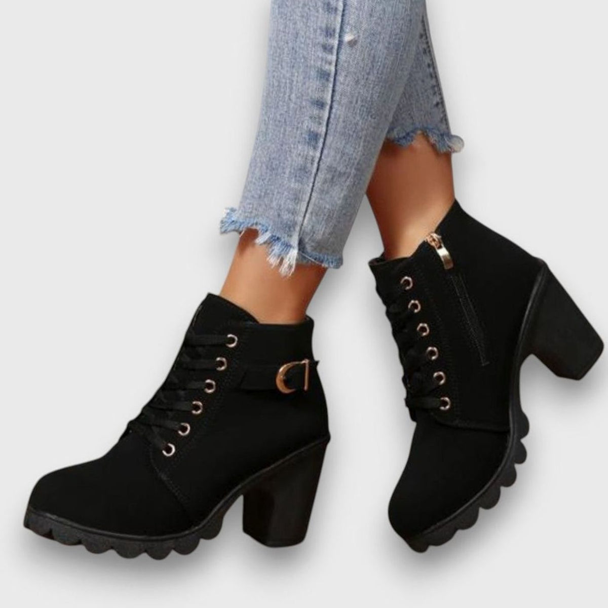 Women's Lace-Up Ankle Boots | Block Heel, Side Zip & Buckle