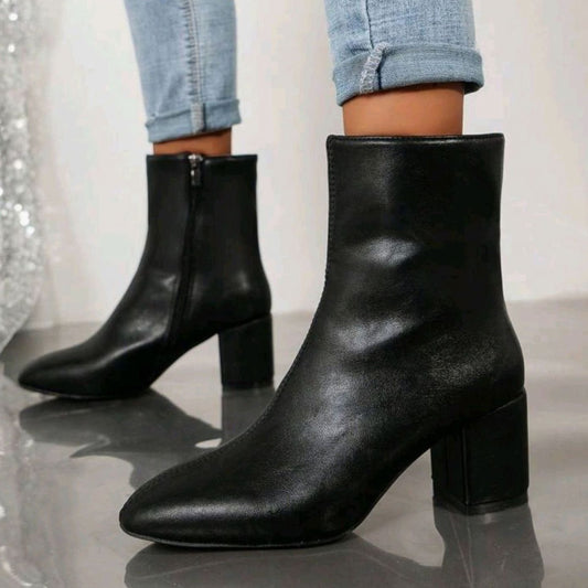 Women's Faux Leather Ankle Boots | Pointed Toe Block Heel