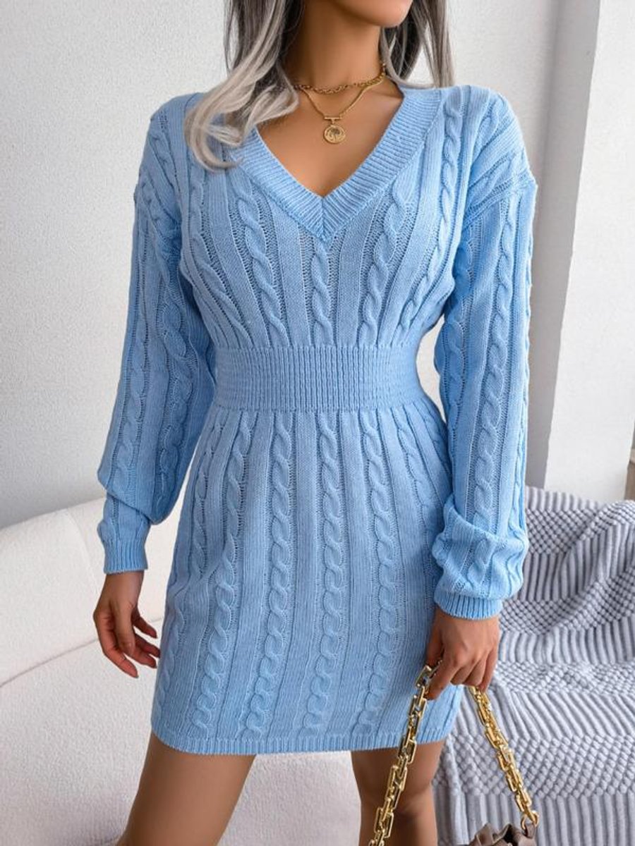 Women's Long Sleeve Knit Dress | Fitted V-Neck