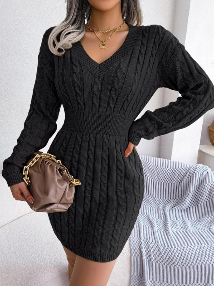 Women's Long Sleeve Knit Dress | Fitted V-Neck