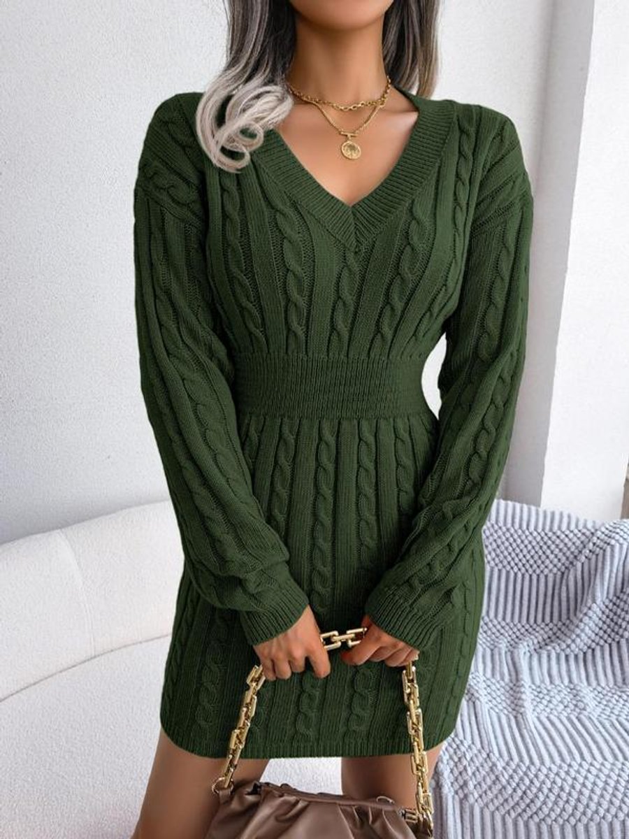 Women's Long Sleeve Knit Dress | Fitted V-Neck