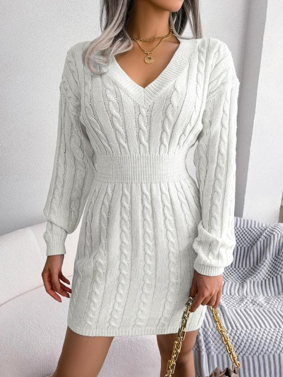 Women's Long Sleeve Knit Dress | Fitted V-Neck