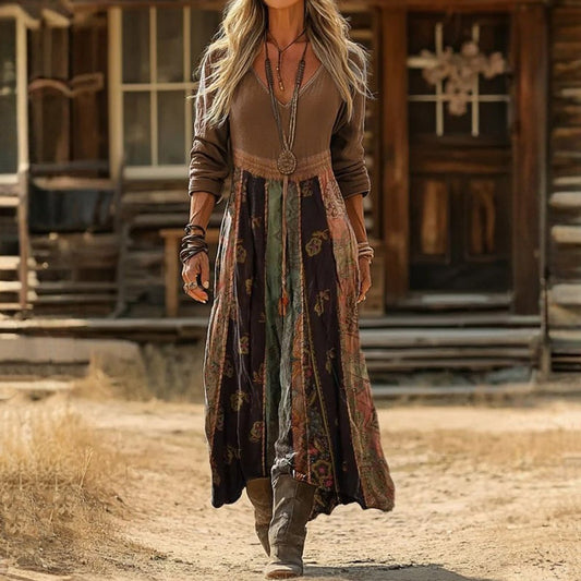 Women's Long Sleeve Midi Dress | Boho Patchwork V-Neck