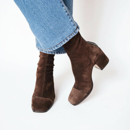 Women's Brown Suede Ankle Boots | Square Toe & Block Heel