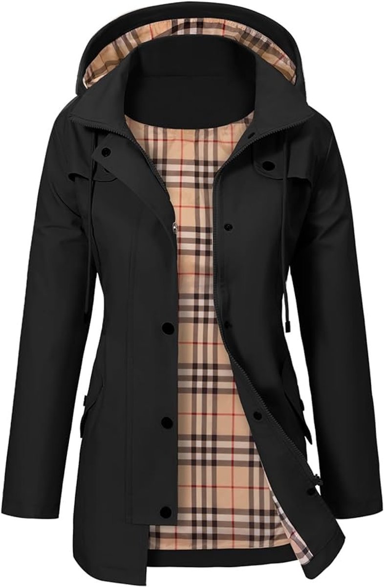 Women's Waterproof Hooded Coat | Checked Fleece-Lined Raincoat