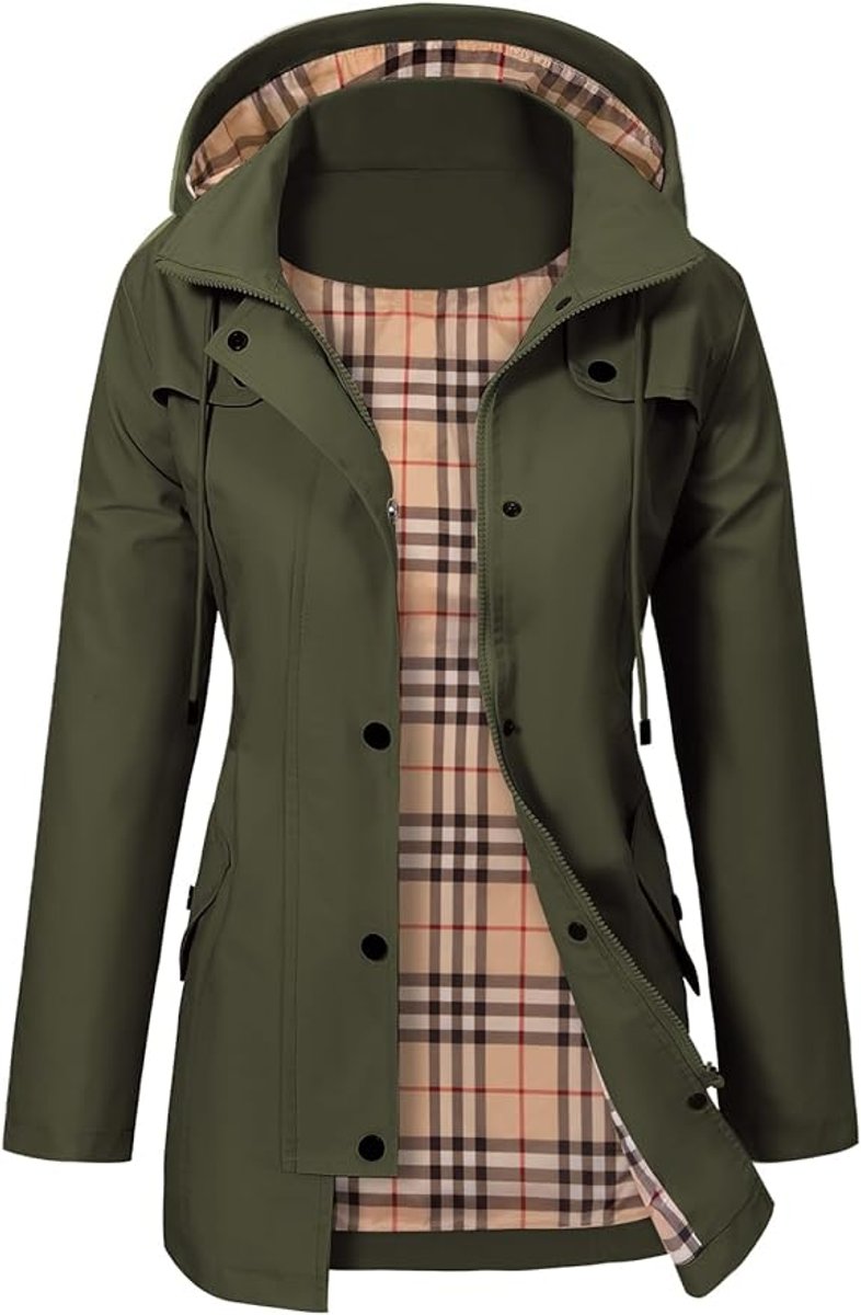 Women's Waterproof Hooded Coat | Checked Fleece-Lined Raincoat