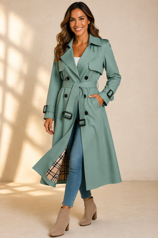 Women's Long Trench Coat | Double-Breasted With Waist Belt