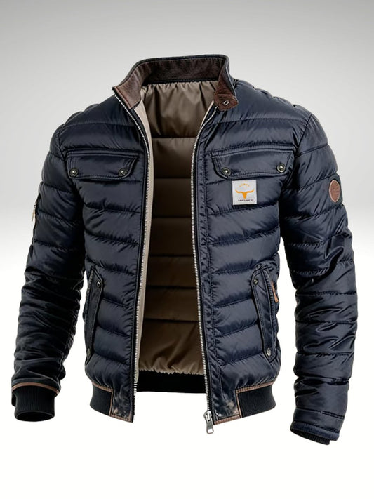 Men's Navy Quilted Puffer Jacket | Stand Collar Winter Coat