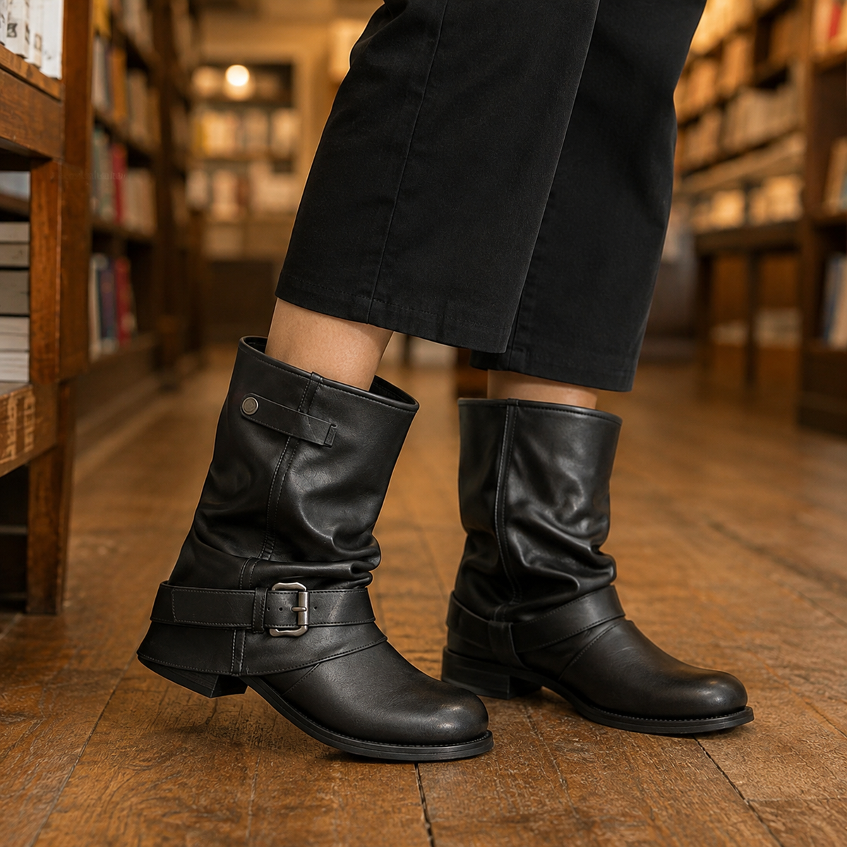 Women's Buckle Ankle Boots | Leather-Look Low Heel | Cesena