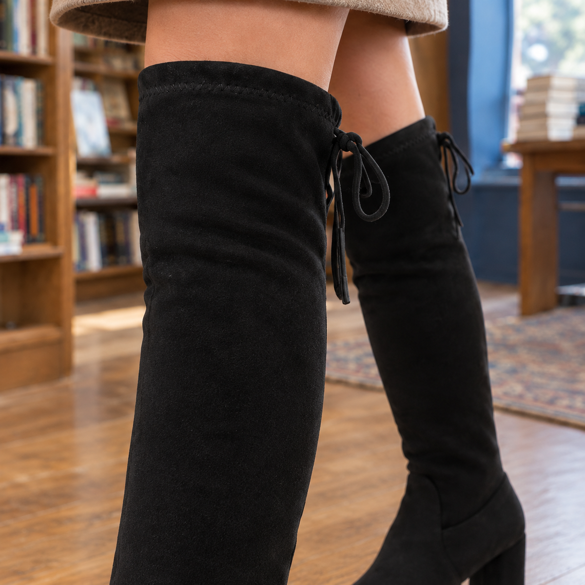 Women's Black Suede Ankle Boots | Block Heel & Drawstring | Empoli
