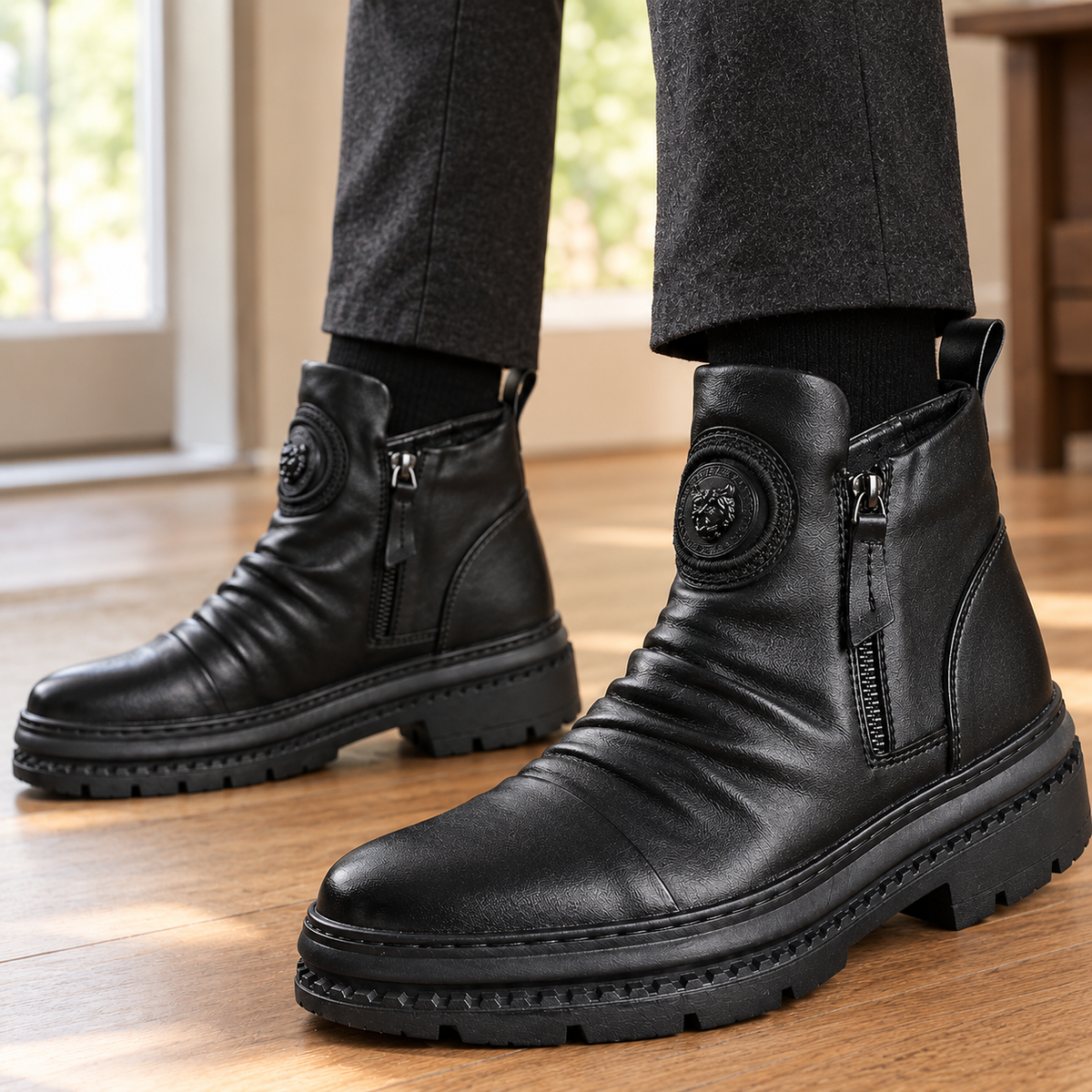 Women's Black Faux Leather Ankle Boots | Ruched With Zip | Ostuni